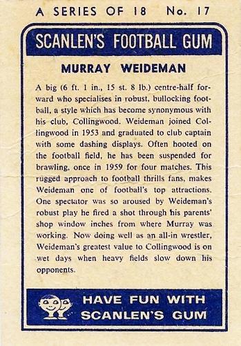 1963 Scanlens VFL #17 Murray Weideman Back